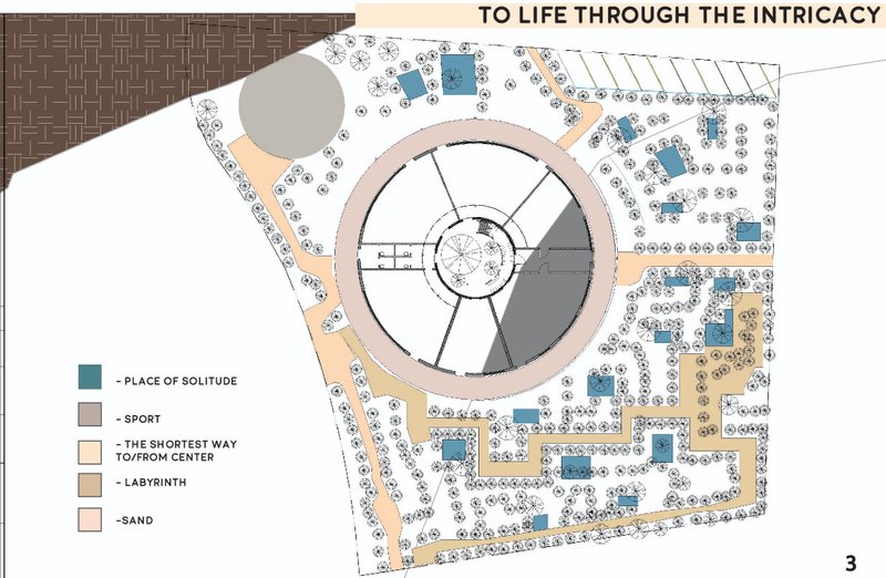 The labyrinth-inspired garden layout maps emotional terrain through zones of solitude, movement, and return.
