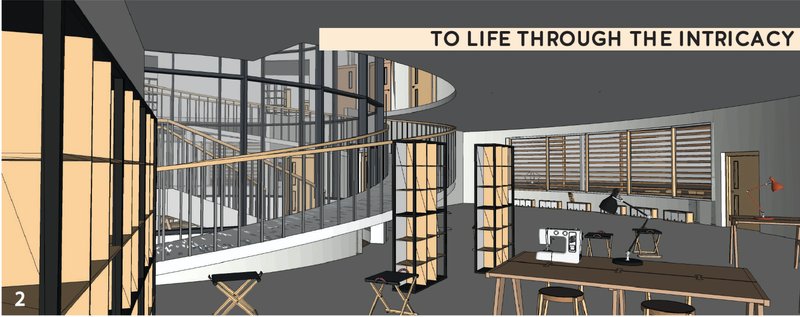 The art therapy and sewing area offers a tactile path to healing within a light-filled circular plan.