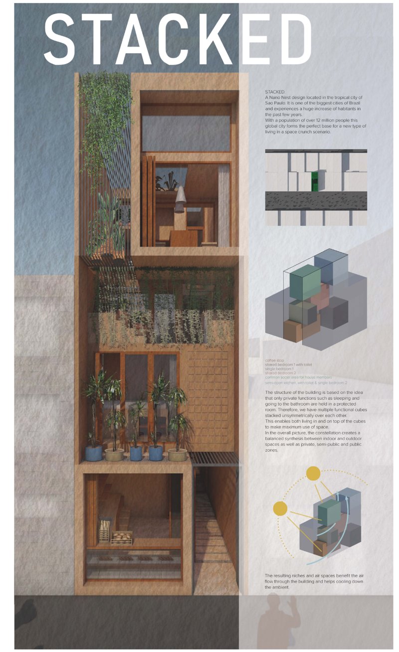 Frontal view of Stacked: a vertical modular housing design integrating greenery, wood, and light in Sao Paulo’s dense fabric.