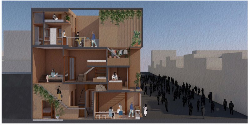 Sectional cut showcasing multigenerational living and shared spaces from ground-level café to rooftop terraces.