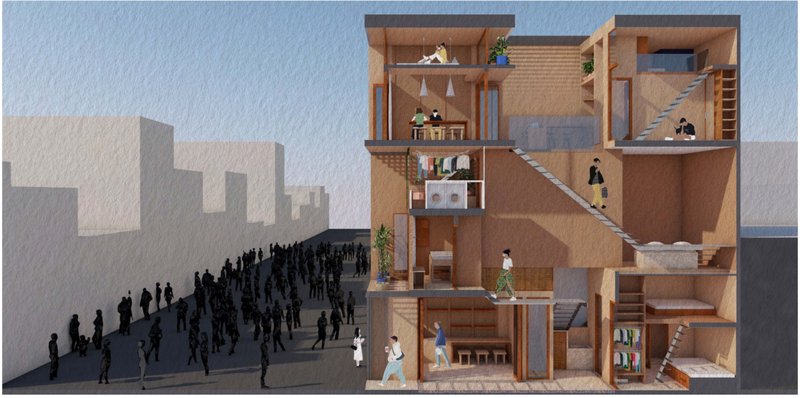 Detailed section highlighting the compact yet private cube stacking strategy supporting diverse household routines.