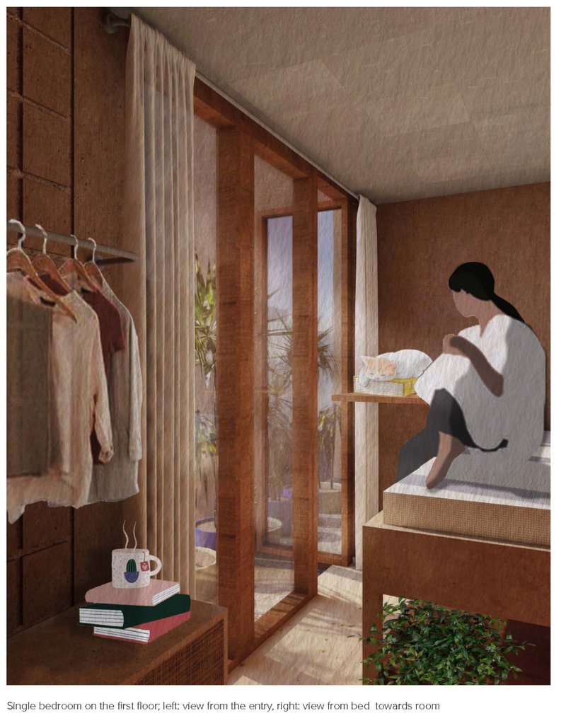 Serene bedroom cube designed with warm textures, natural light, and a visual connection to outdoor greenery.