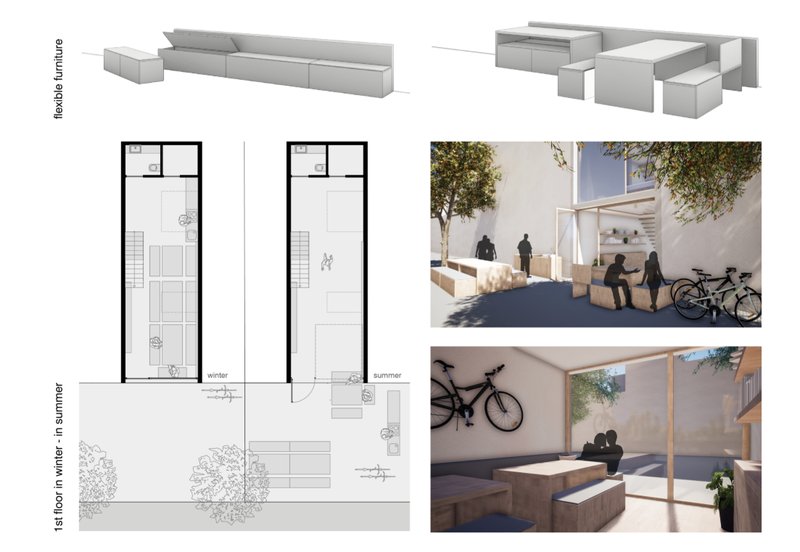 Furniture adapts with function, and so does the house—expanding into the street in summer, compacting in winter.