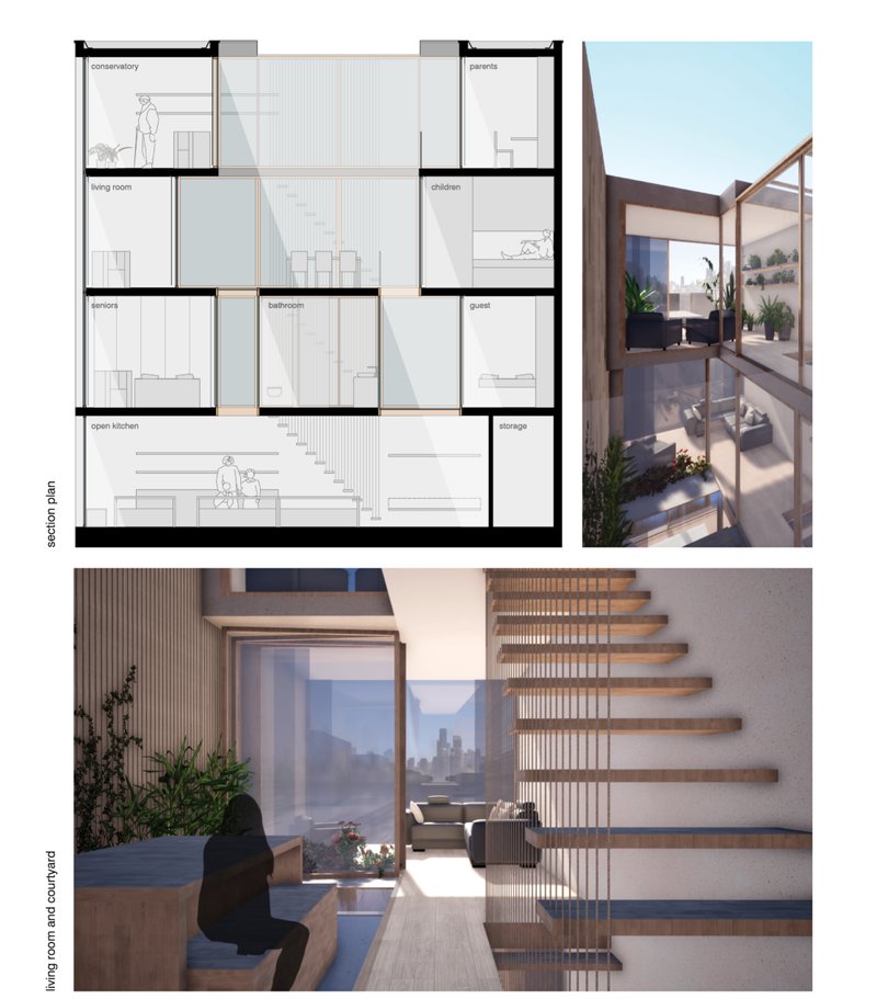 Light-filled interiors connect vertically through a central courtyard, blending indoor comfort with outdoor calm.