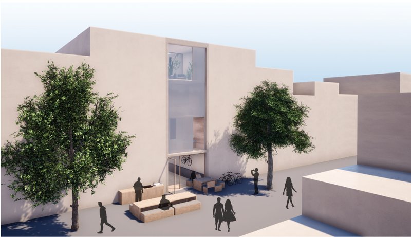 The public-facing facade invites interaction—modular seating and greenery extend the home into the street.