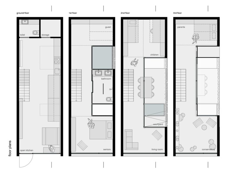 Each floor offers a unique blend of private and communal spaces tailored for intergenerational co-living.