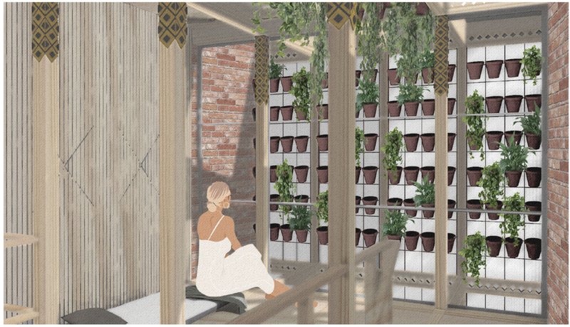 Indoor garden wall improves air quality and creates a calming microclimate for daily rituals.