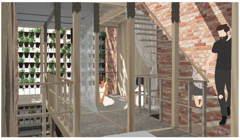 Movable curtains and open staircases enable spatial flexibility and privacy within a compact frame.