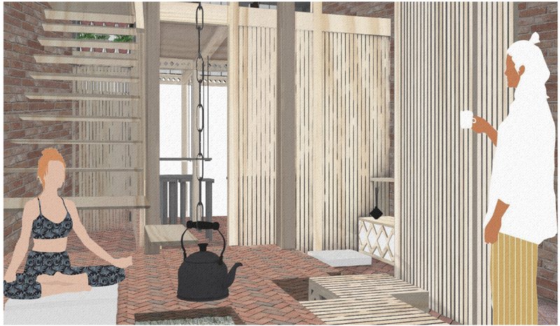 Flexible interiors with natural materials and a sunken hearth create a calm, communal space for daily rituals and reflection.