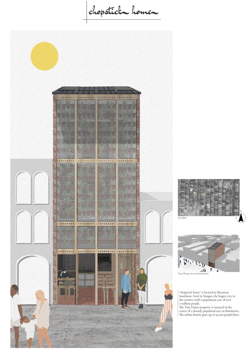 Vertical green facade integrates planters for passive cooling and privacy in dense urban Yangon.