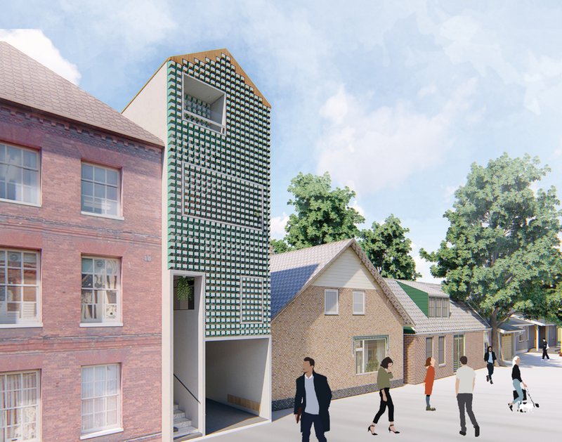 A striking perforated terracotta facade blends into the streetscape while optimizing airflow and privacy.