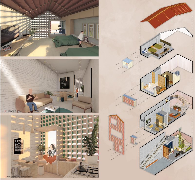 Exploded view reveals spatial zoning and design logic, complemented by warm, daylit interiors for all age groups.
