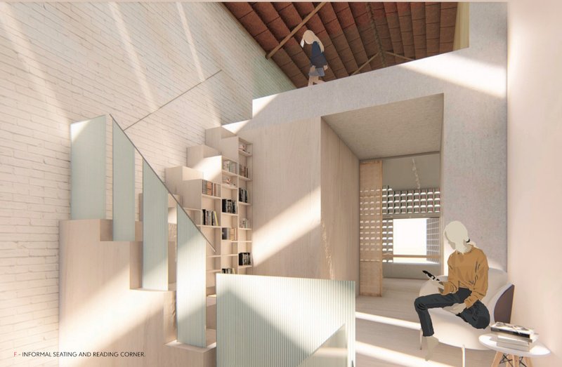 A sculpted stair-library doubles as a reading space—merging circulation, learning, and light.