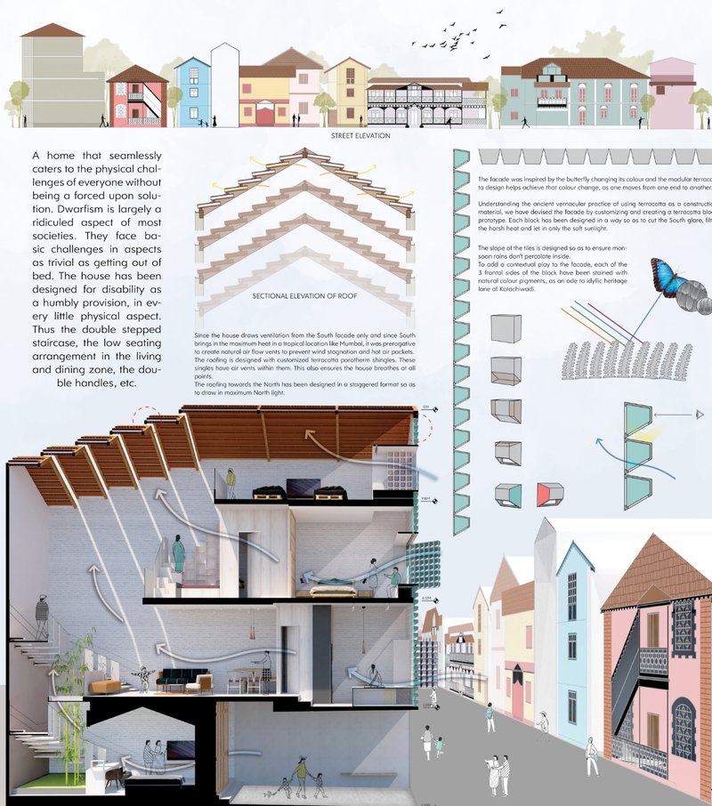 Layered section showcases passive ventilation, modular roof strategy, and inclusive stair design for spatial comfort.