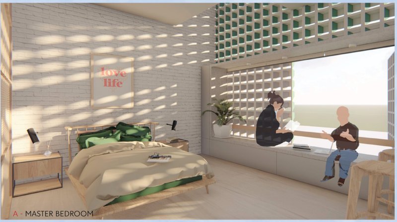 A cozy master bedroom with lowered window seating, promoting accessibility and social interaction.