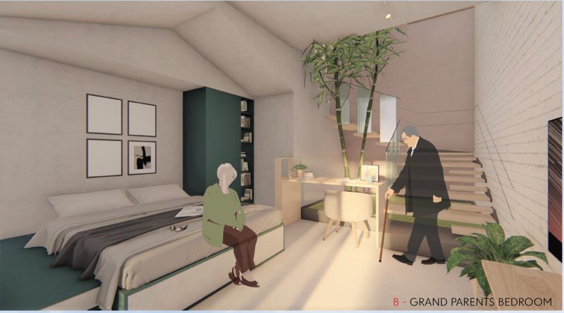 An elderly-friendly bedroom on the lower floor, blending comfort with calm, biophilic workspace design.