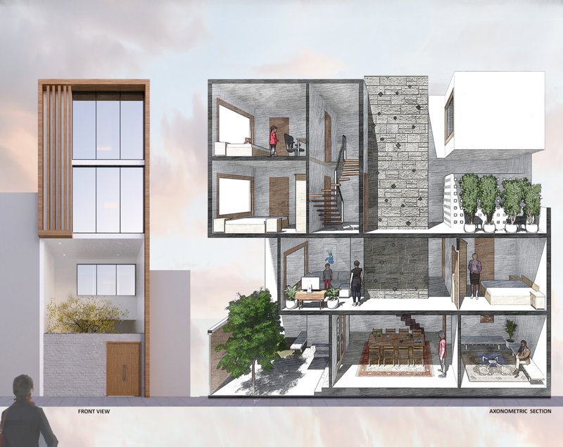 A detailed cutaway reveals layered living—each floor tailored to a specific generation in a compact, vertical family home.