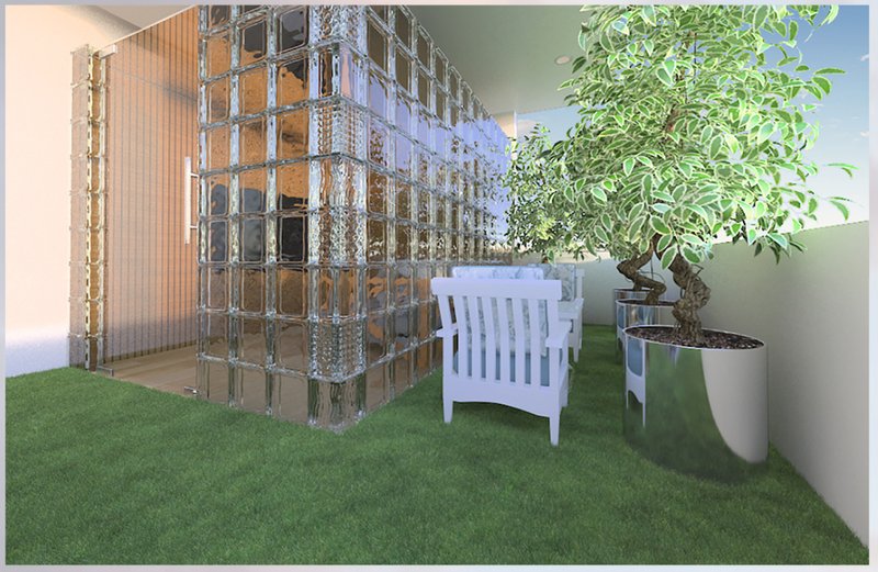 The upper-level terrace features green potted trees and a glass-brick wall, offering light and outdoor calm in a dense urban setting.