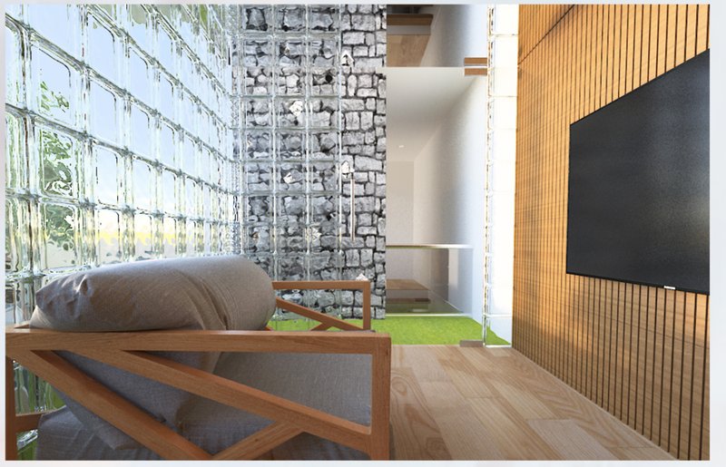 A minimalist floating stair connects spaces vertically, suspended under a skylit void that floods the interior with daylight.
