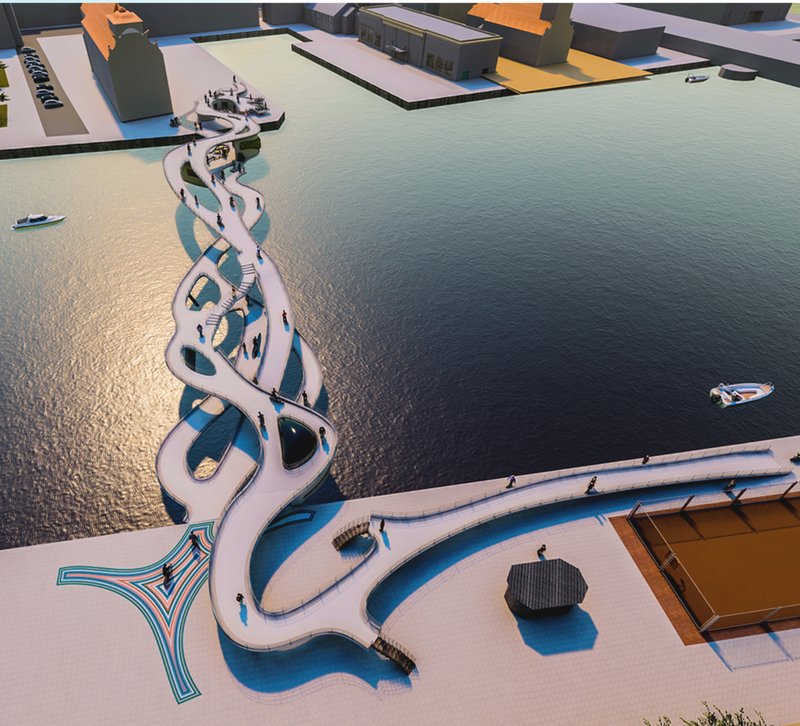 Aerial view of a pedestrian bridge with intertwining sculptural loops extending into the harbor