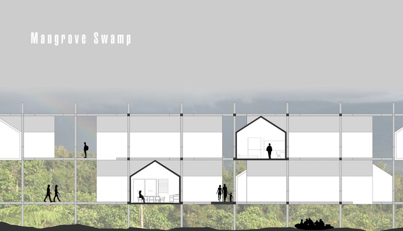 Multi-level modular design showcasing elevated living spaces above water.