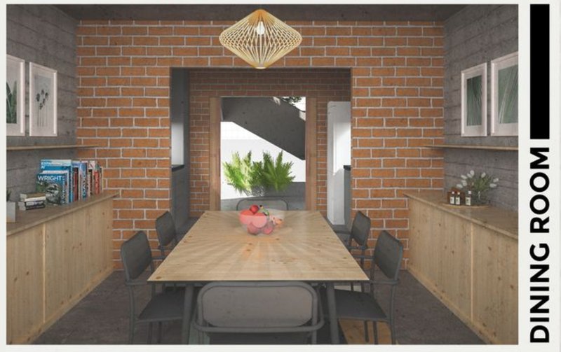 Central communal space with natural materials, brick walls, and ample seating designed to encourage shared family meals.