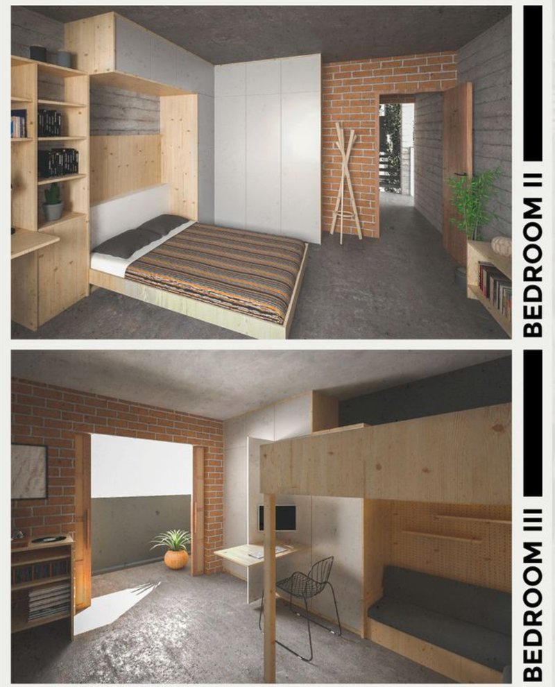 Flexible sleeping arrangements featuring foldable beds, bunk systems, and natural light access.