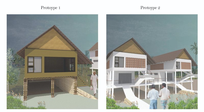 Two housing models blending traditional Kerala style with resilient construction.