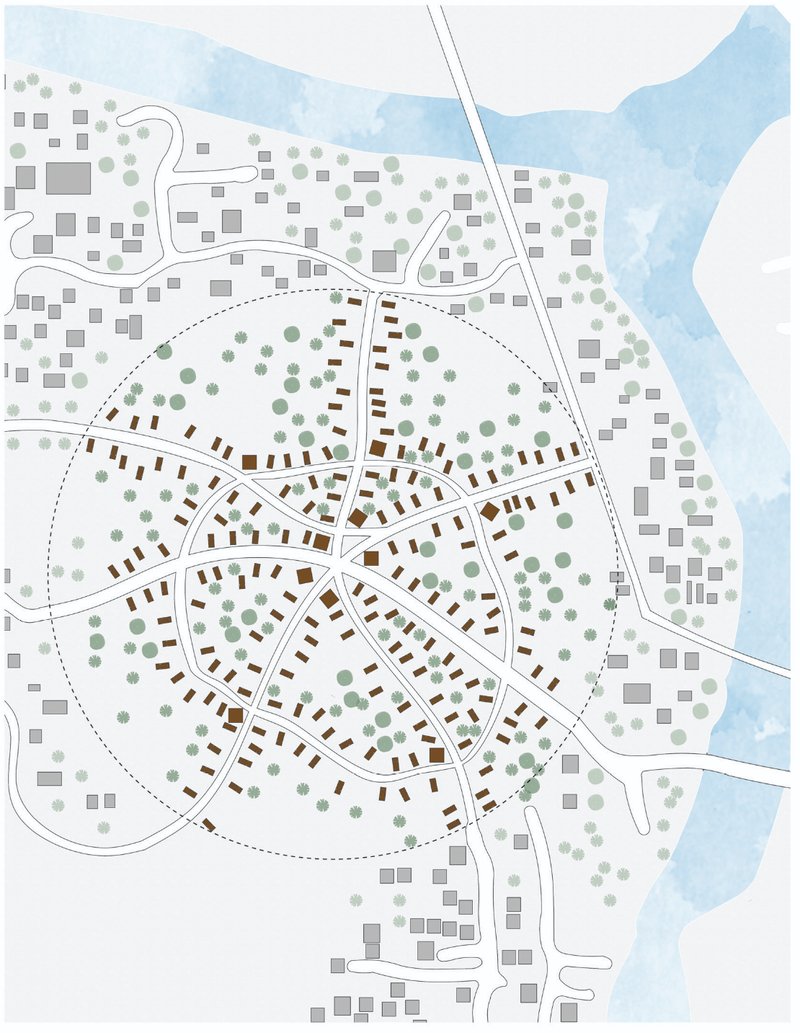 Circular neighborhood design integrating roads, housing, and green buffers.