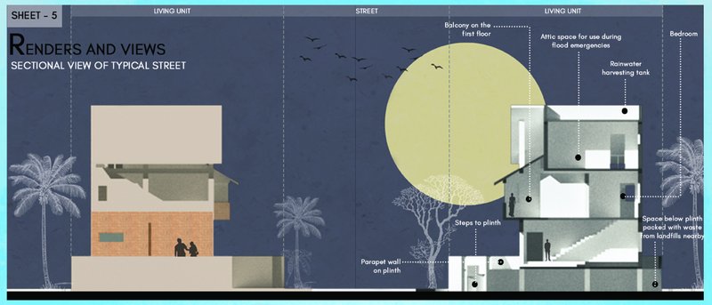 Section view of residential units facing a street with palm trees and a large yellow moon overhead