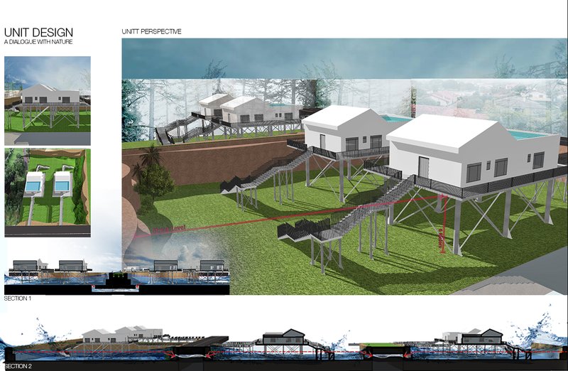 Elevated stilt-based housing units with connected walkways ensuring resilience during floods.