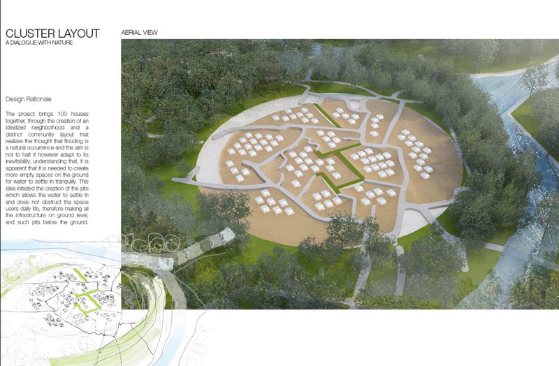 Aerial view of 100 houses arranged in a circular network with water-absorbing pits and shared open spaces.