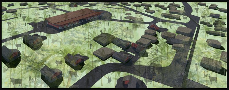 A flood-resilient settlement with shared resource centers and elevated homes designed for safety and sustainability.