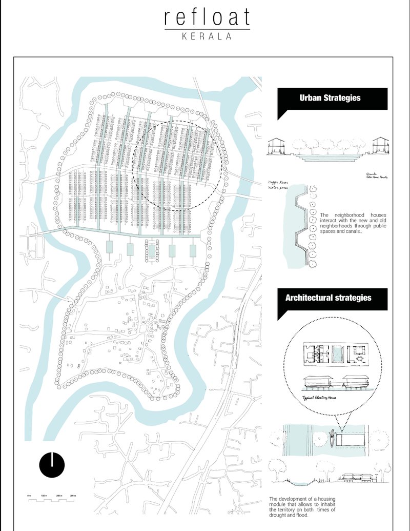 Urban and architectural strategies showing elevated housing and connected canals.