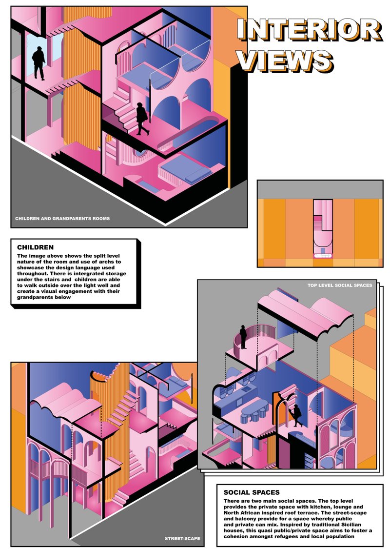 Colorful 3D cutaway illustrations highlighting the split-level children’s room, grandparents’ bedroom, and interconnected living spaces.