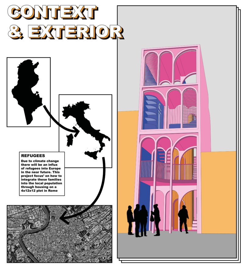 Vibrant exterior rendering illustrating the building’s arched frontage and active street-level engagement with residents and visitors.