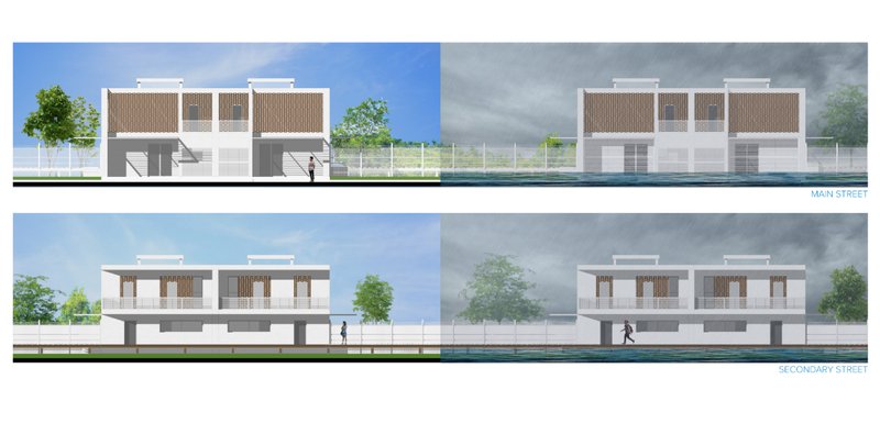 Residential facades designed for resilience, functional in both dry weather and heavy rains.