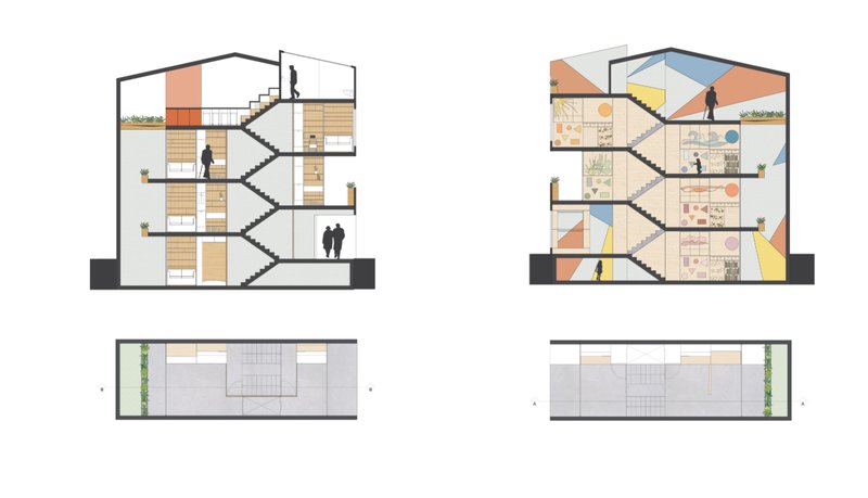 Illustrating flexible modules that transform between living spaces and daycare functions.