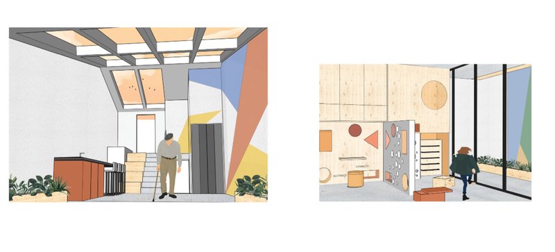 Bright, colorful spaces designed for seniors and children, fostering shared daily experiences.