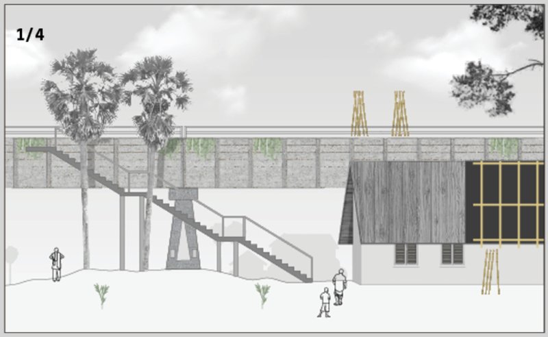 Elevated aqueduct structure with bamboo support integrated near housing units.