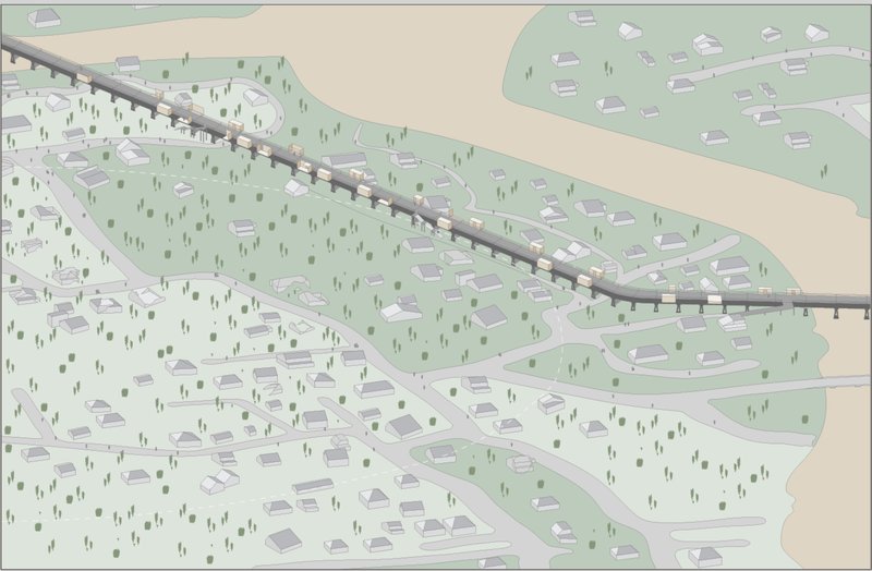 Masterplan showing bamboo aqueduct with connected family refuge units.