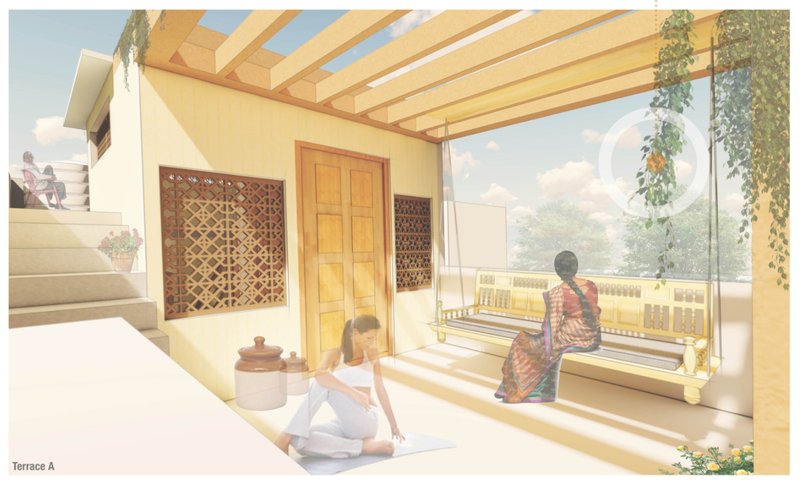 "Terrace view of Malwa Pods highlighting traditional elements, natural light, and community-centered outdoor living."
