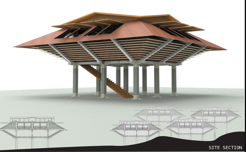 Elevated precast modular shelter with flood-resilient structural base.