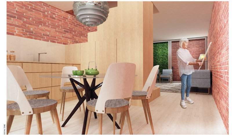 Open kitchen and dining area with warm materials and natural light.