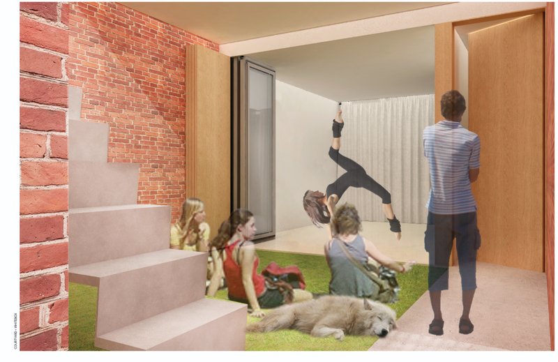 Vibrant green space for community activities, performances, and creative work.