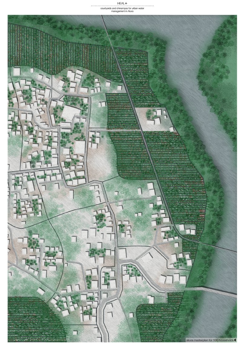 A flood-resilient community layout integrating courtyards and chinampas along the river basin.