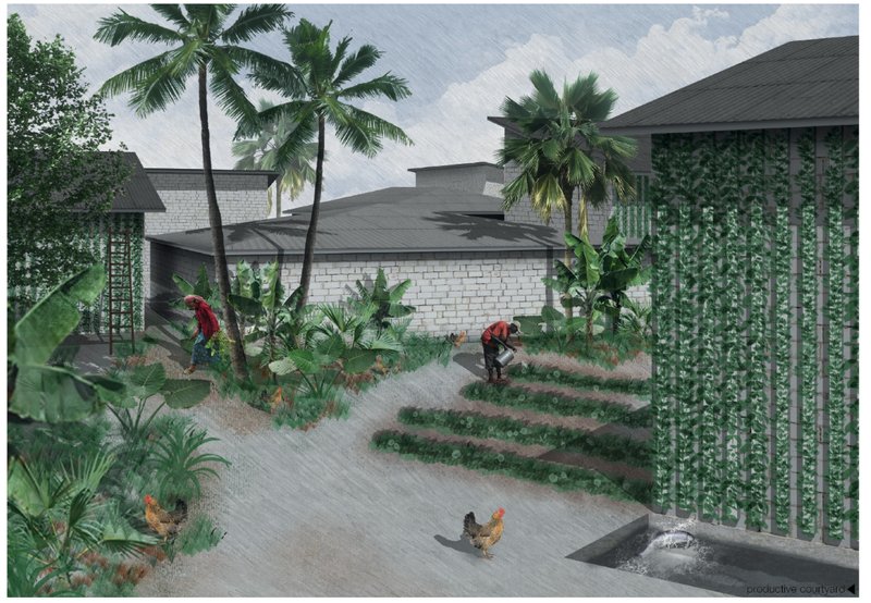 Shared green courtyard designed for food production, water collection, and climate resilience.