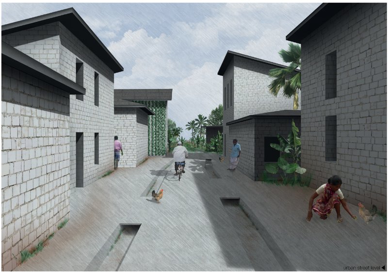 Flood-adaptive streetscapes with integrated vegetation and water channels.