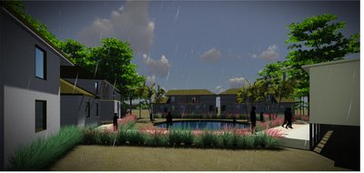 This architectural rendering showcases a modern residential complex in a tropical setting, depicted 