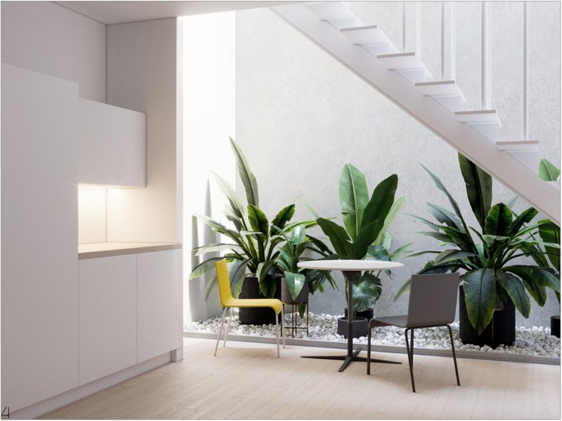 Indoor garden beneath staircase bringing natural light and greenery into the living space.